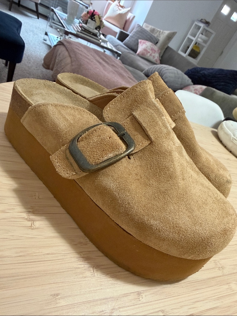 Suede Platform Buckle Mule in Tan